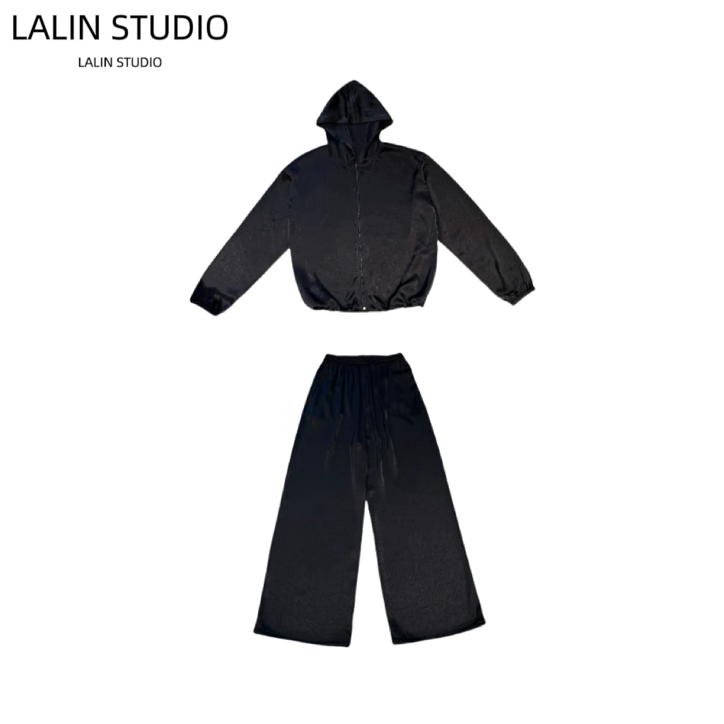 LALIN2025ss 新款原创醋酸垂感可调节宽松慵懒连帽长袖长裤套装