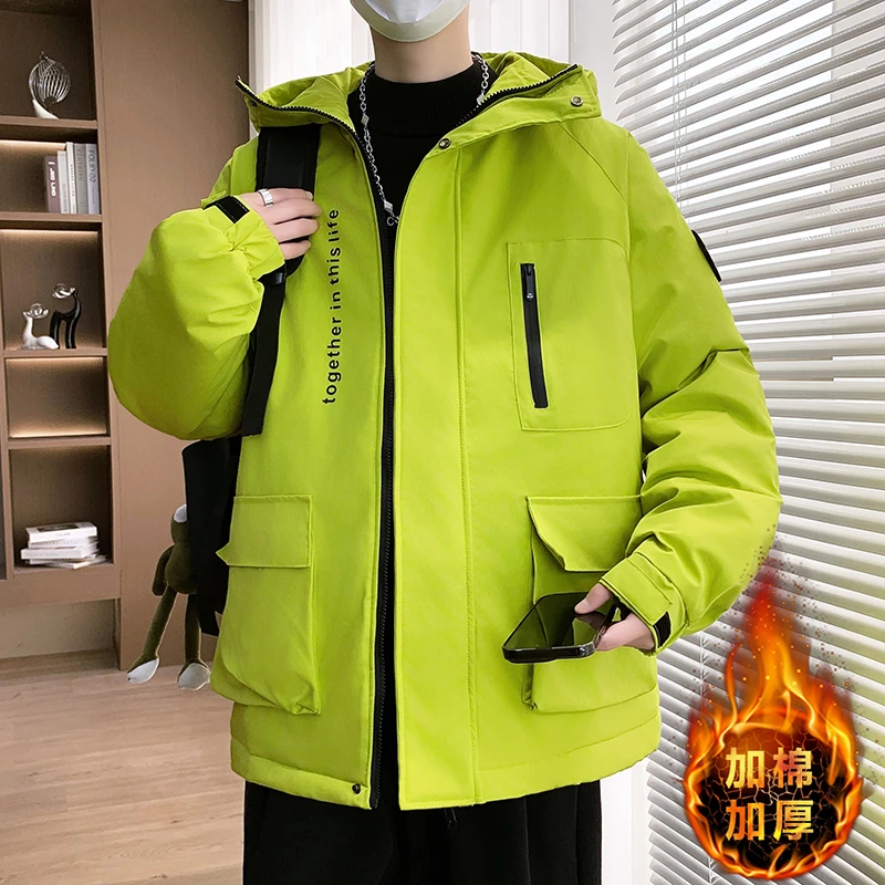 青少年冬季新款加厚保暖冲锋衣个性户外运动棉衣帅气纯色连帽棉服