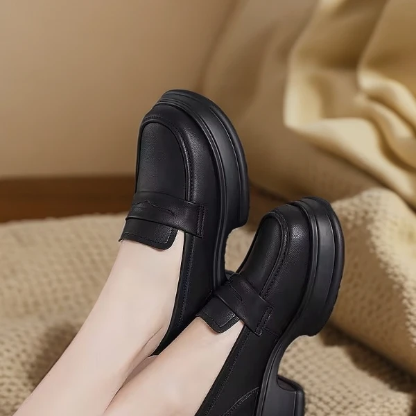 厚底软底乐福鞋女单鞋新款工作鞋真牛小皮鞋百搭春秋系带单鞋粗跟