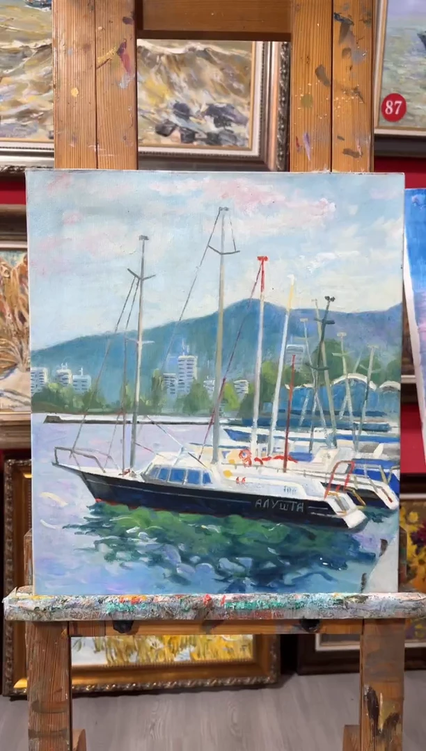 油画苏**铺俄罗斯手绘油画作品《 游艇》41x47cm 带内框