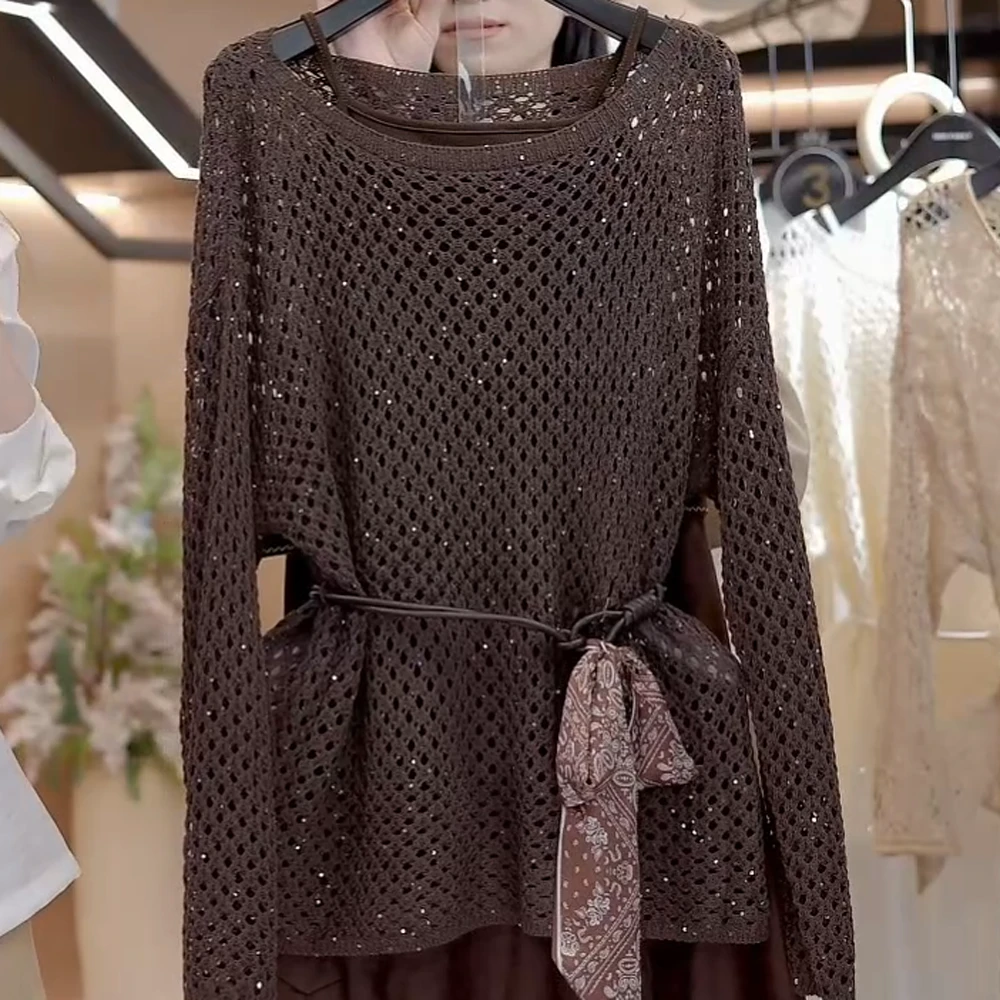 慵懒感宽松镂空丝巾显瘦早秋毛针织罩衫叠穿背心C6009