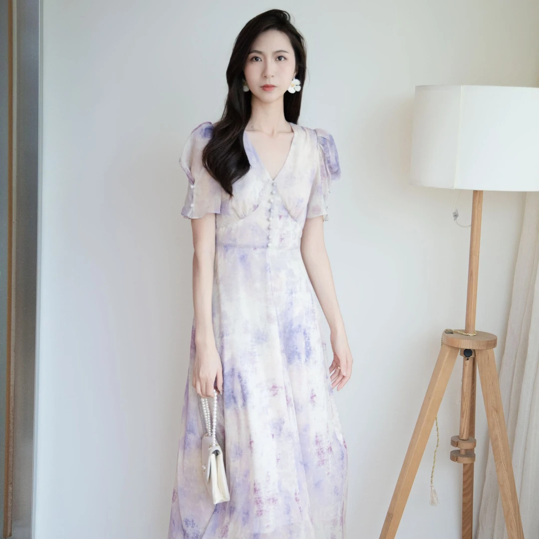 ON&ON/安乃安夏季新款韩系复古水墨印花系带显瘦连衣裙N5SA16341