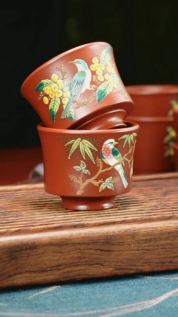 茶杯紫砂泥绘小鸟杯2只