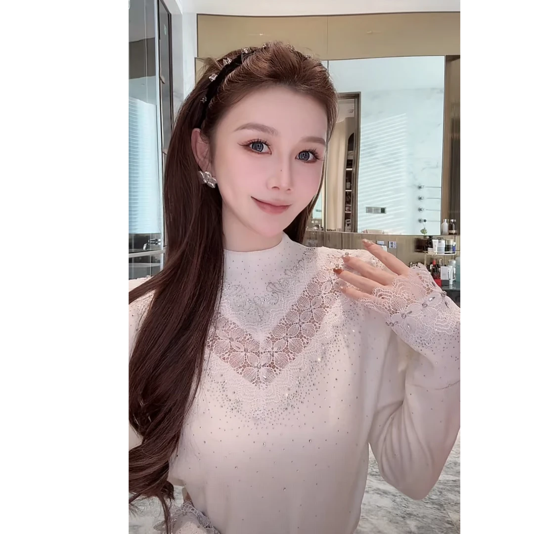 AZZHEN【蕾丝织梦】蕾丝拼接绵羊毛针织上衣软糯保暖加绒气质毛衣