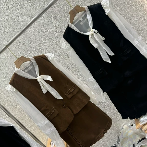 2025秋季新款法式小香风无袖马甲蝴蝶结衬衫+高腰女生韩系ins衣服