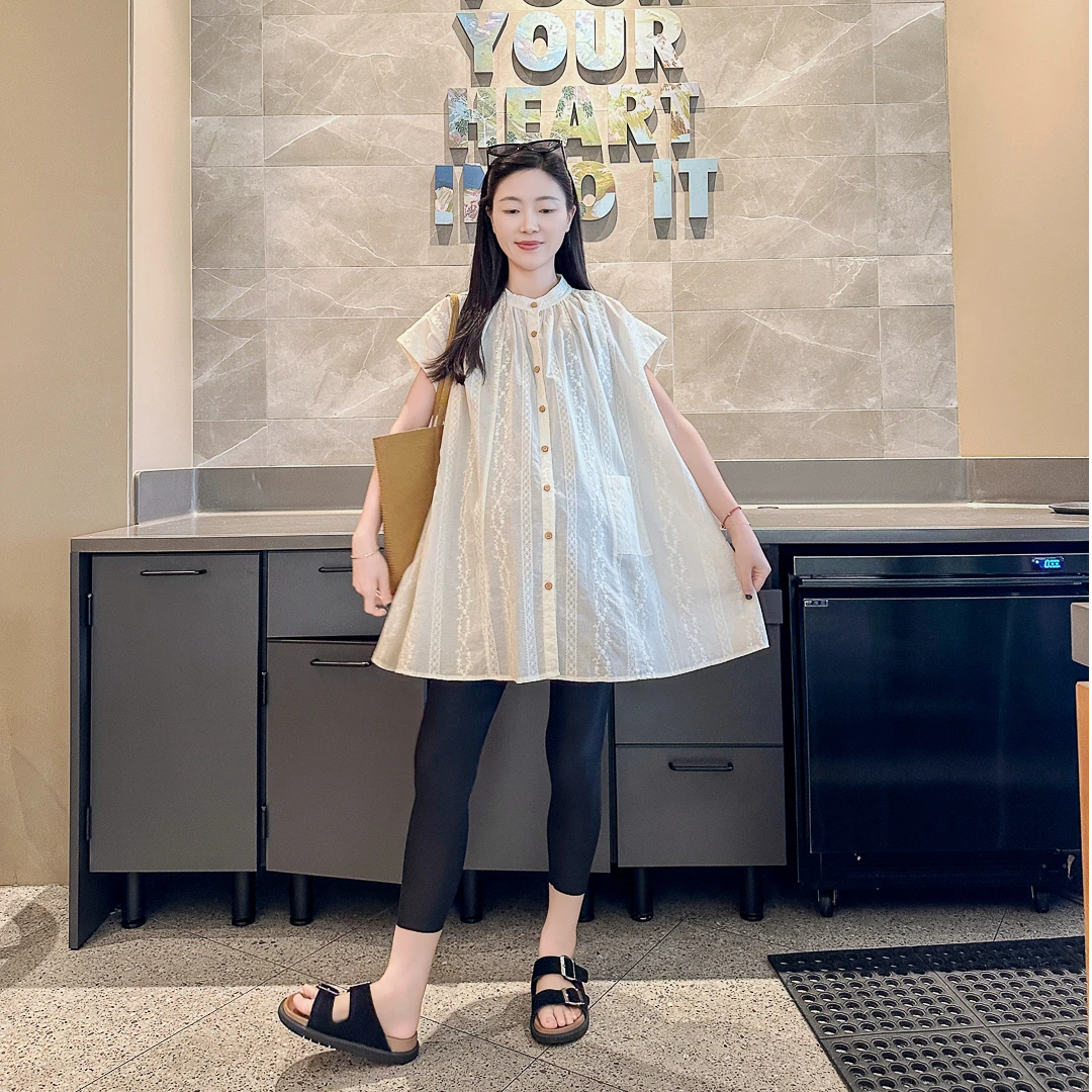 夏季衬衫棉孕妇装个性口袋洋气时尚圆领短袖潮妈可爱风减龄衬衫夏