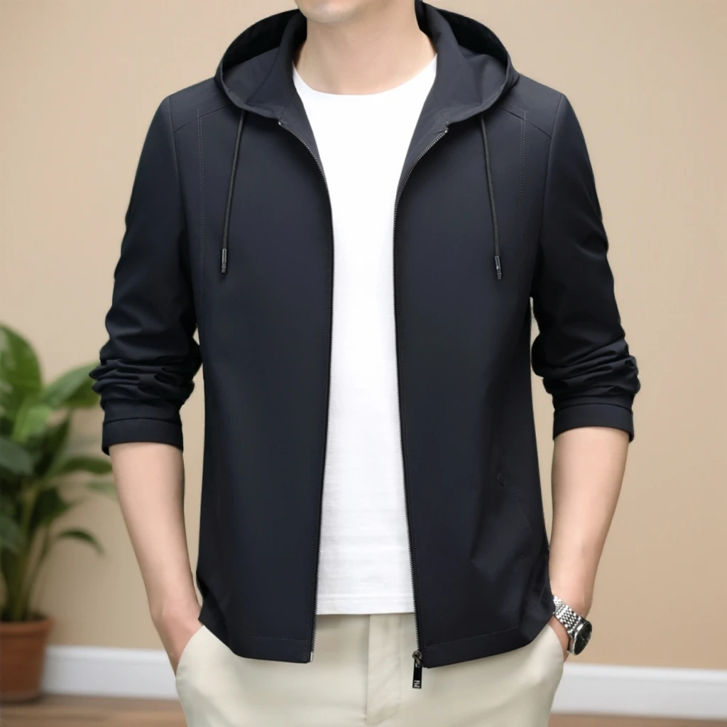 2026年春季新品男士商务休闲连帽薄款夹克 纯色宽松百搭防风外套