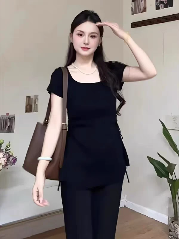 大码女装蓝色显白方领抽绳掐腰上衣女夏季胖mm巨显瘦短袖t恤8583