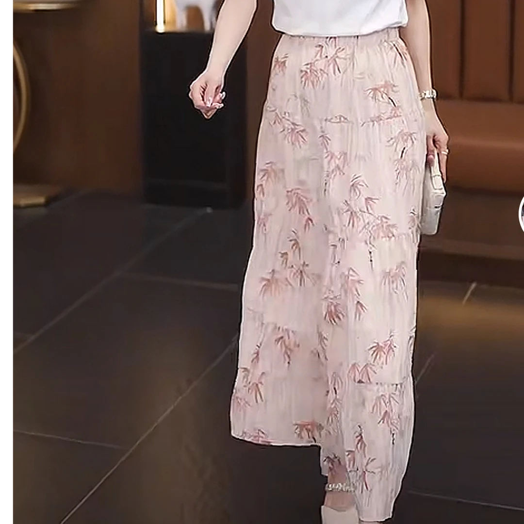 8703#【裙长86】夏季新款百搭休闲气质时尚水墨风国风半身伞裙