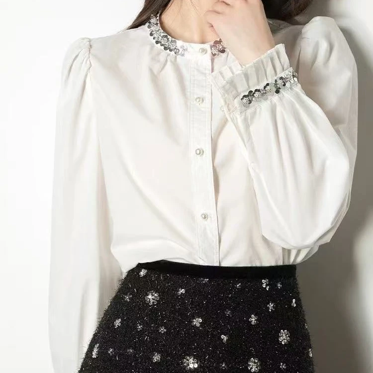 轻奢简约重工串珠立领春装廓形中长款纯色长袖衬衫叠穿外穿上衣女