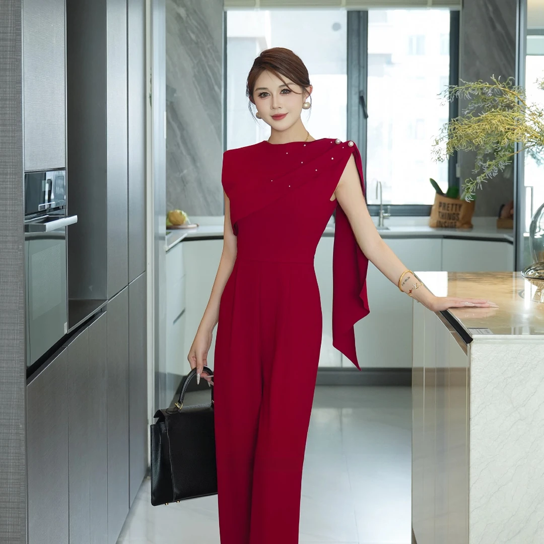 2025夏新款轻奢气质时尚百搭高腰显瘦阔腿修身纯色连体裤D3020