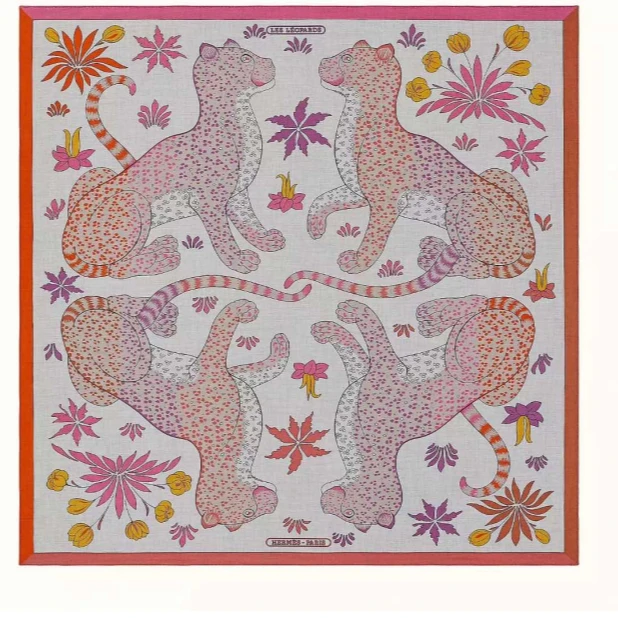 未使用 Hermes/爱马仕 小花6欢 “花豹成双” 140披肩 拼色
