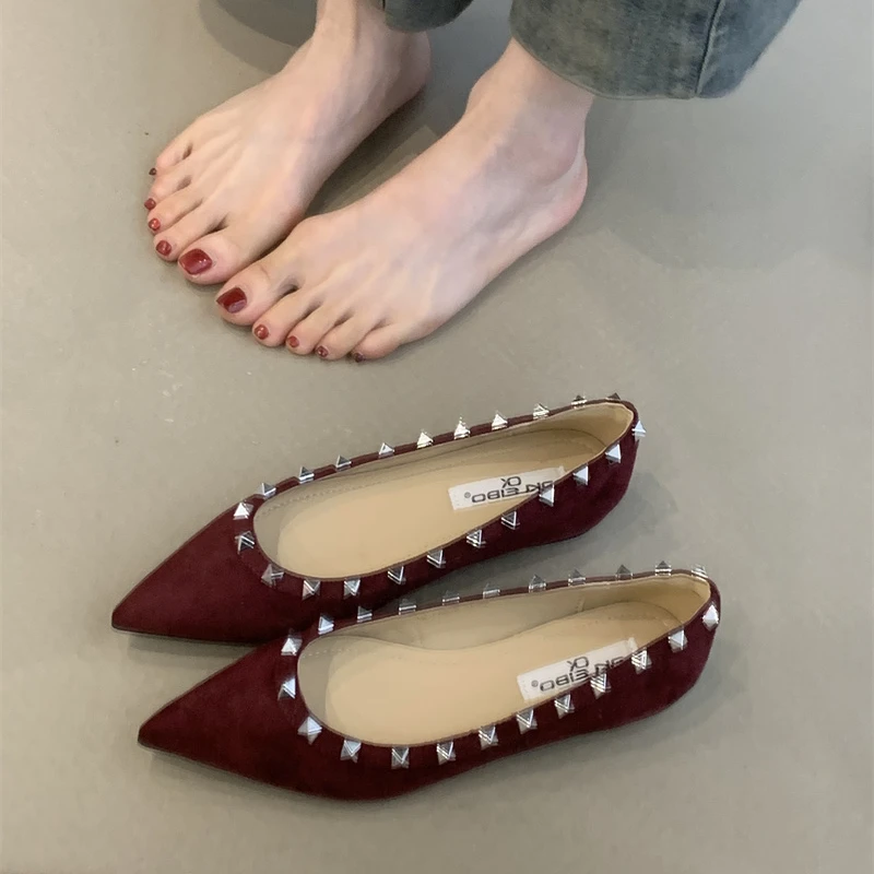 LBJ-B637法式尖头单鞋女2025春内增高2.5cm一脚蹬铆钉浅口奶奶鞋