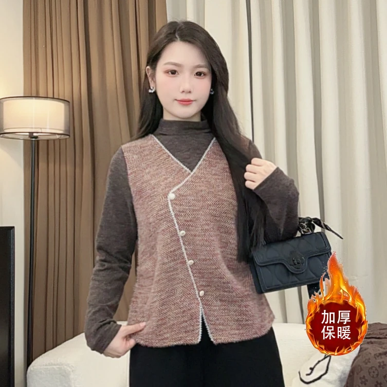 法式复古小香风假两件马甲长袖T恤女秋冬季新款半高领打底衫上衣