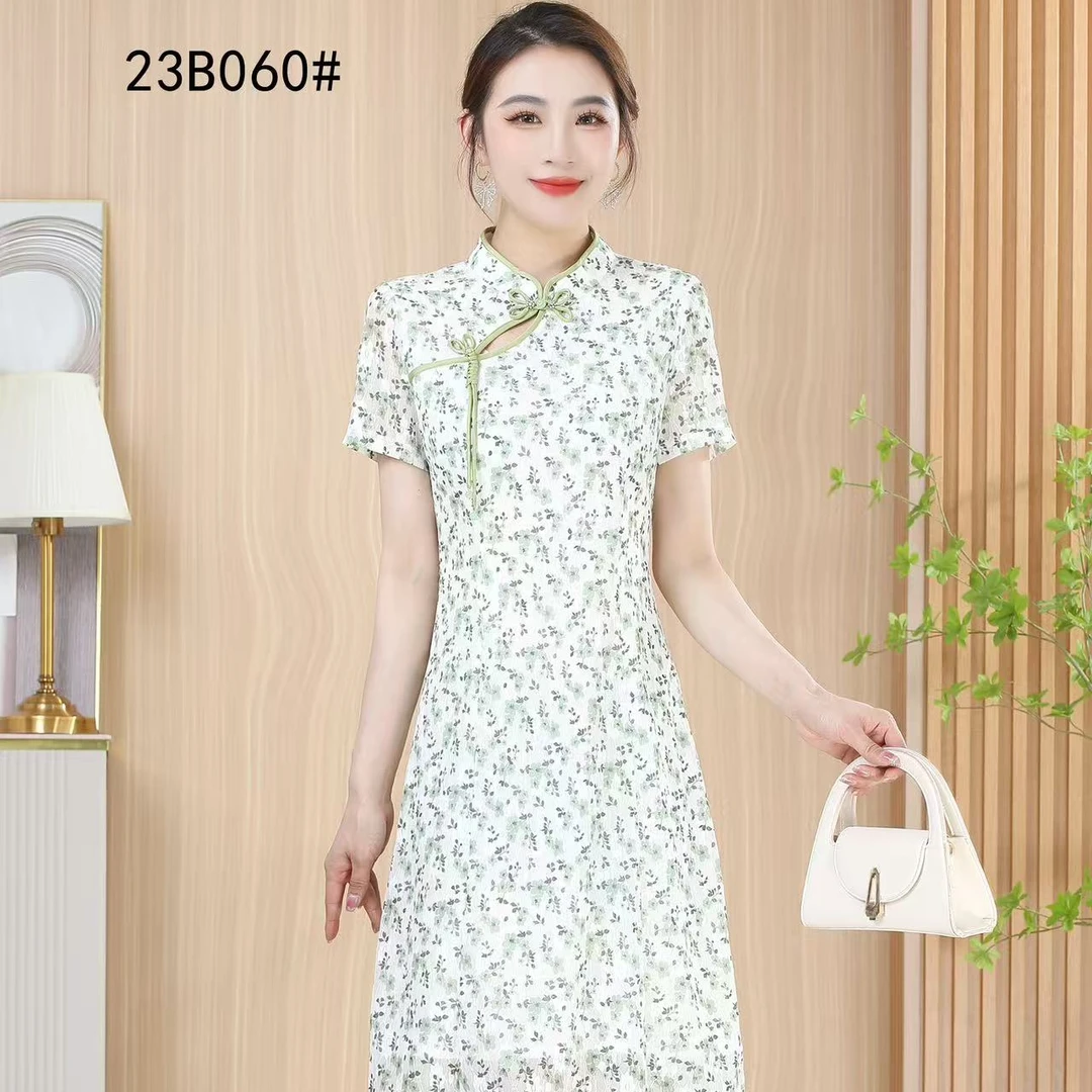 [QM151]修身拼接旗袍短袖时尚洋气提花气质女士印花中长款