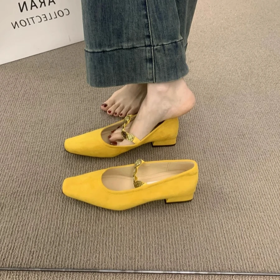 法式粗跟复古方头绒面玛丽珍鞋女2025年春季新款百搭通勤低跟单鞋