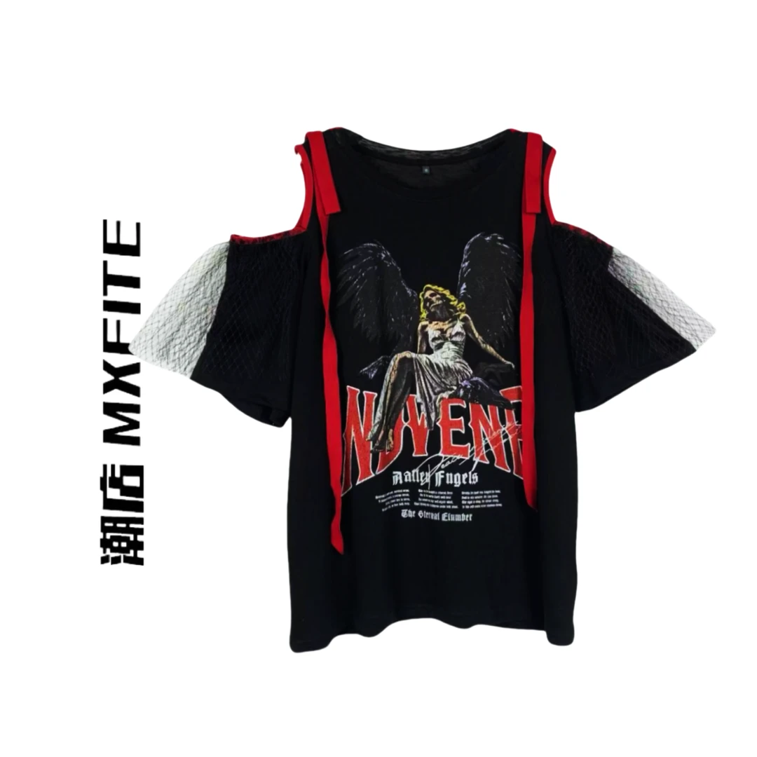 MXFITE潮店夏季新款甜酷暗黑哥特风蕾丝拼接露肩T恤（RDT5483）