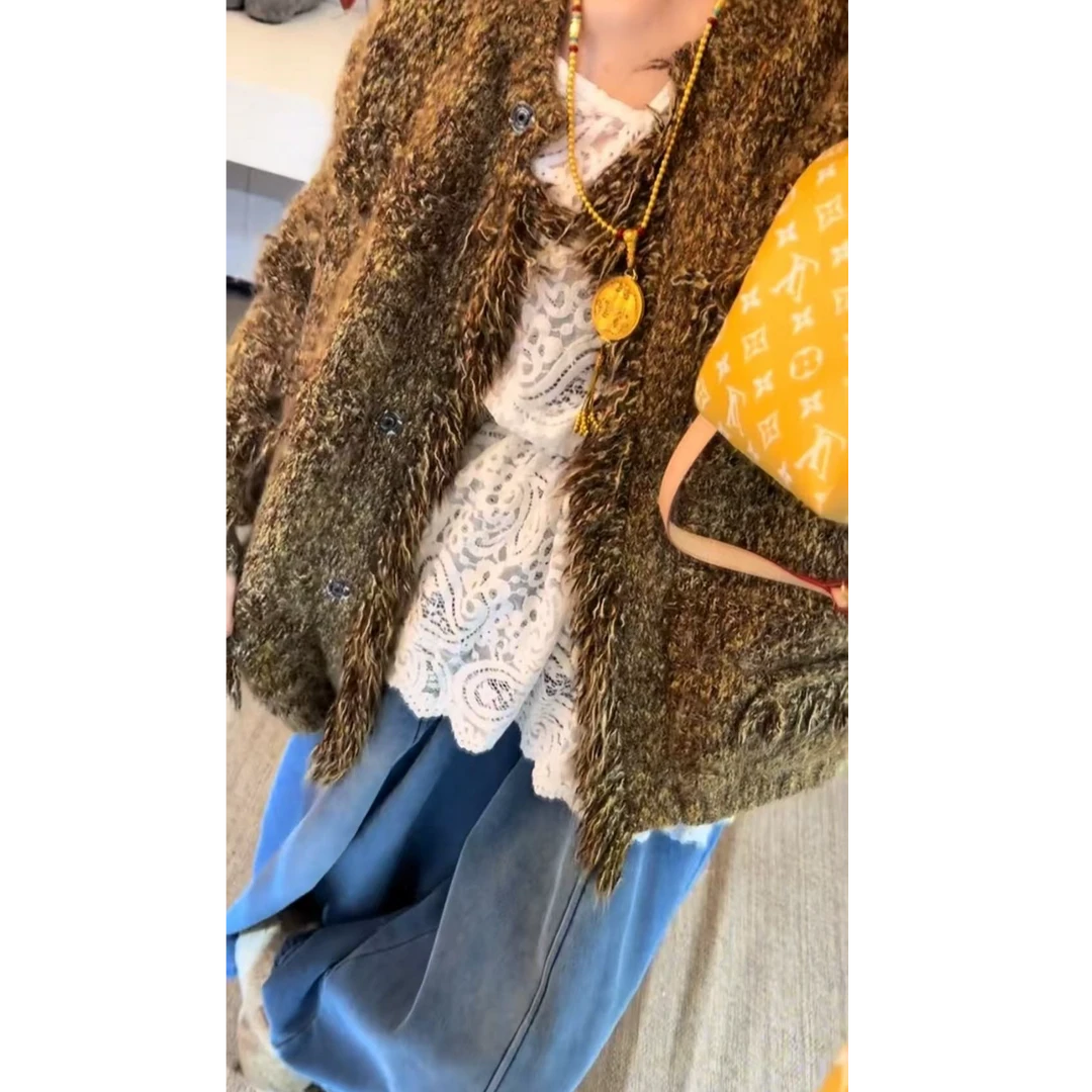 李豆儿 小众定制 复古时装 流苏混色小香针织毛衣外套