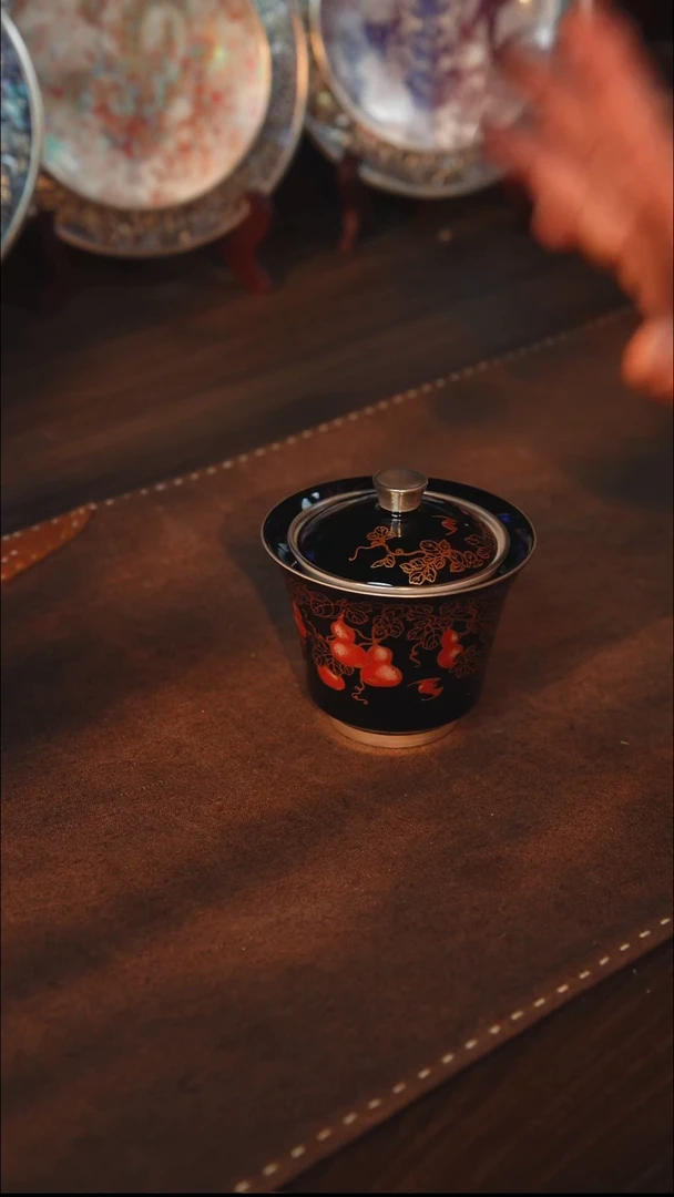 瓷鎏银乌金釉福禄万代极客盖碗