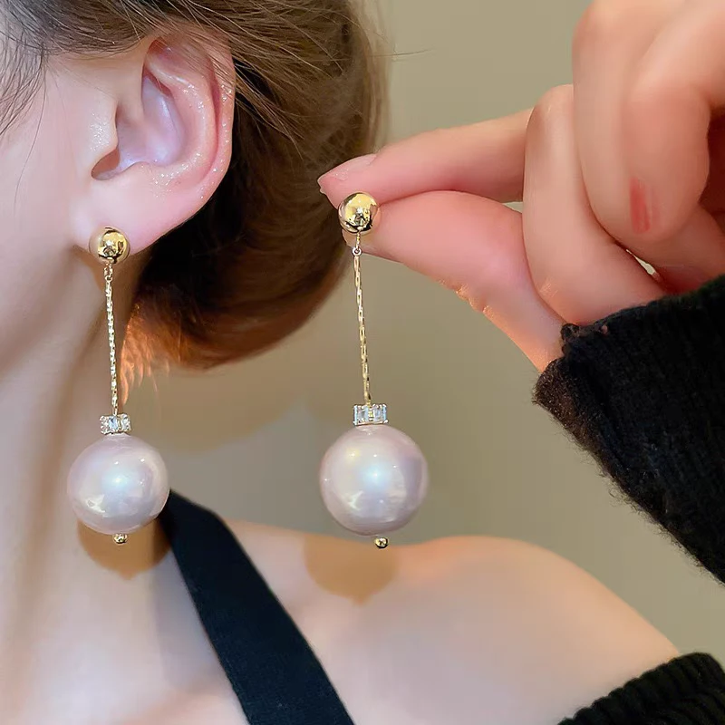 铜合金仿珍珠耳饰 法式长流苏香槟大贝珠高级小众设计-耳环/饰品
