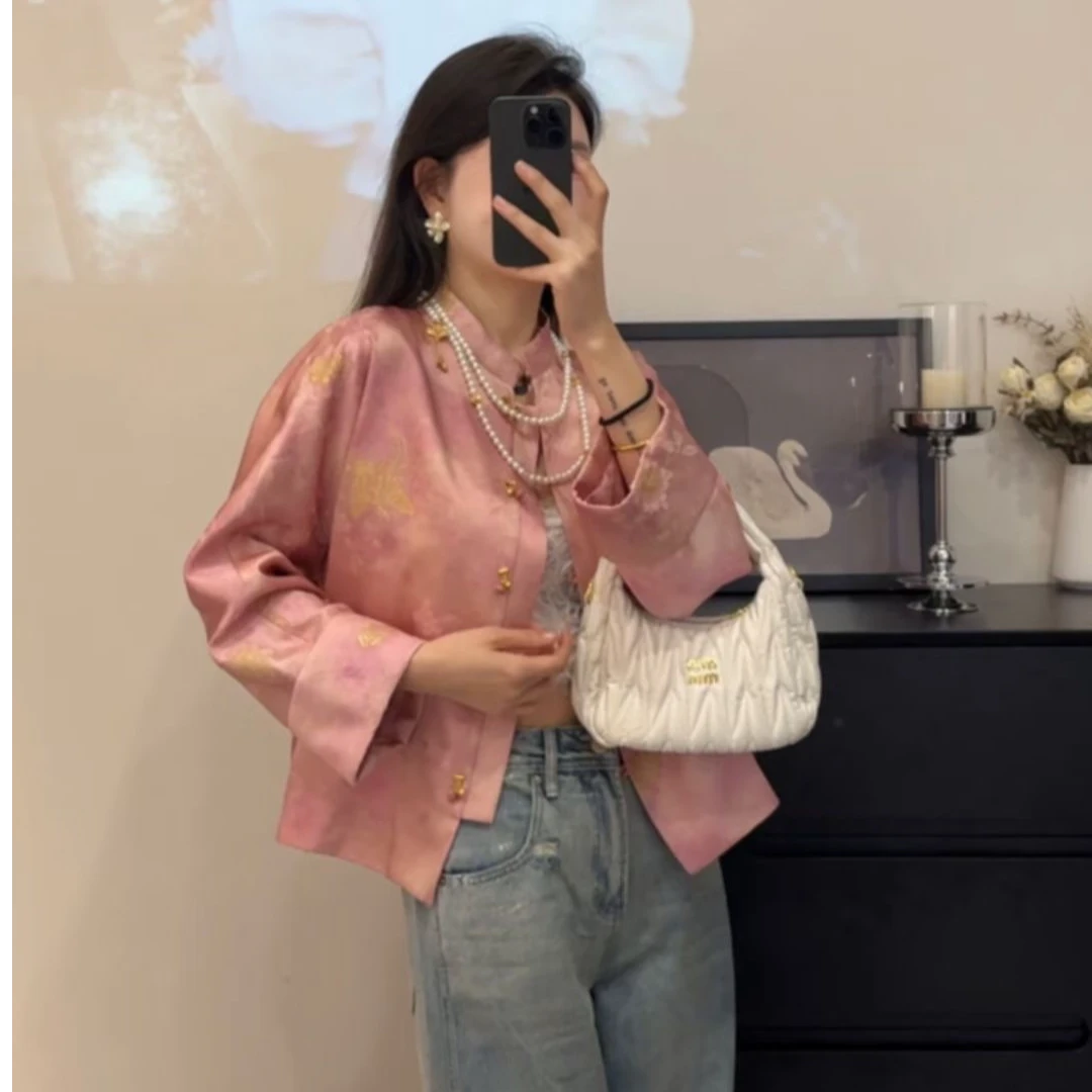 【YA YUN JIA】新中式粉色国风烫金蝴蝶外套女春秋款复古显瘦设计