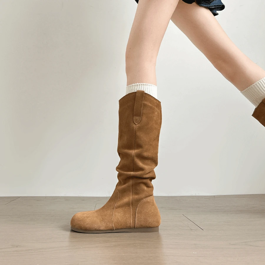 复古勃肯长筒靴女秋冬新款堆堆靴平底显瘦骑士靴子阔腿裤必备鞋