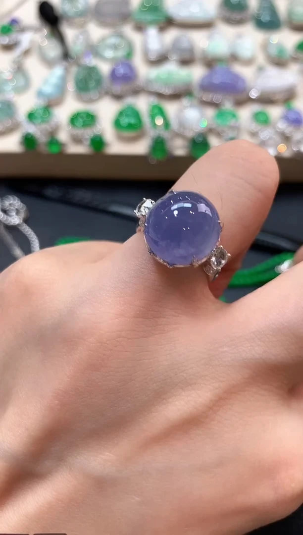 翡翠戒指18K金镶嵌m40  紫色有色差