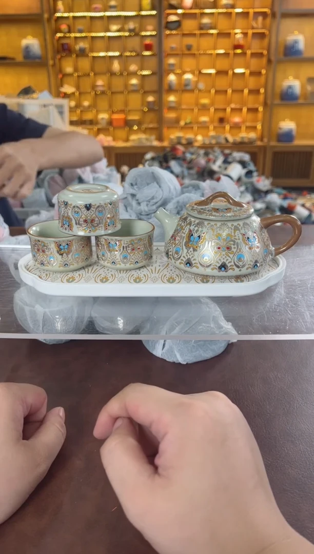 瓷片鸣盏居11111111金银错石瓢壶+3杯+茶盘