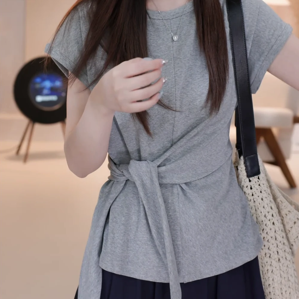 2025夏季新款别致ins潮显瘦小心机绑带收腰短袖T恤女灰色上衣