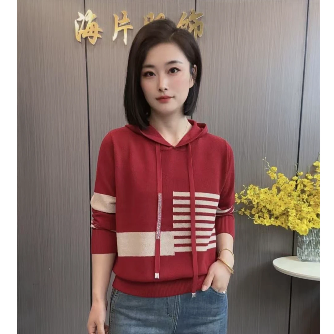 【海片】30625女士休闲时尚连帽春款长袖毛衣针织衫宽松百搭拼色