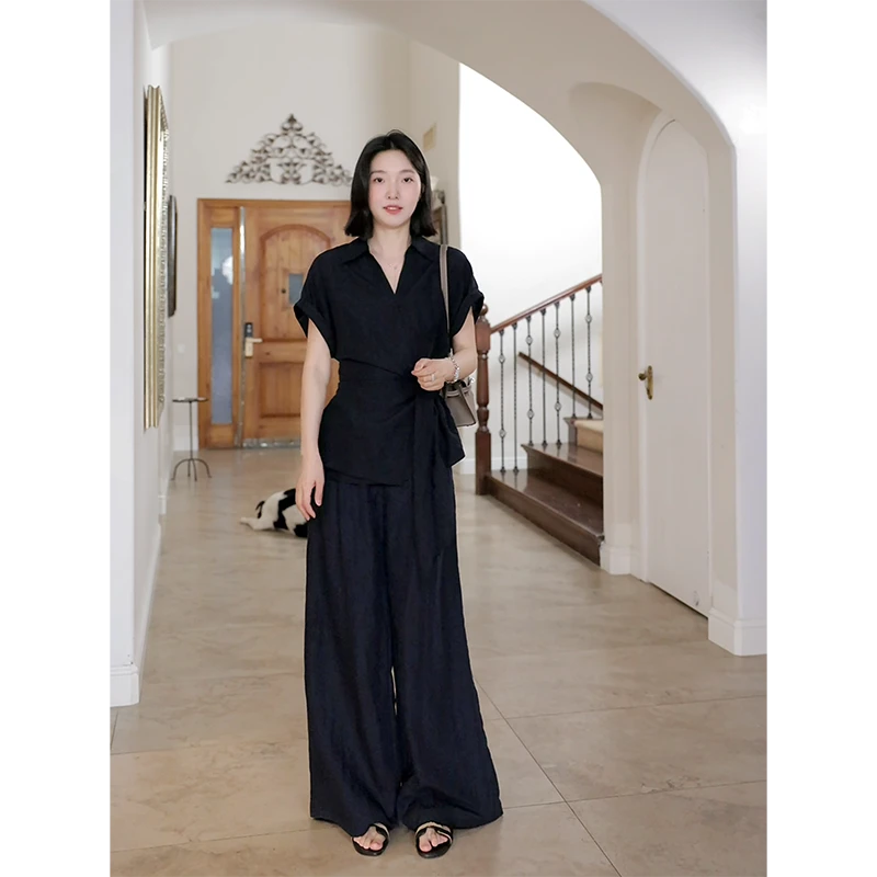 郭九九呢 亚麻天丝气质V领连肩袖系带衬衫高腰阔腿裤 G925A02821