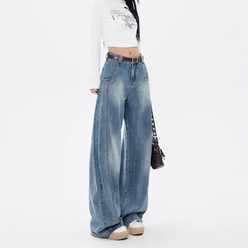 拉夏贝尔美式弯刀阔腿牛仔裤女春秋宽松设计感梨形身材拖地裤