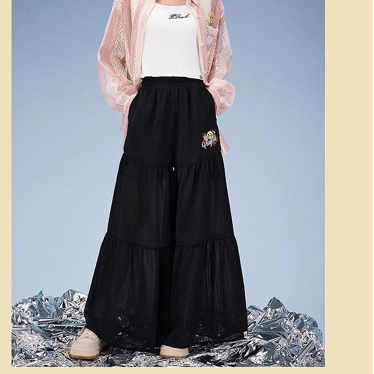 B.Duck小黄鸭2025夏季新款黑色透气百搭宽松显瘦绣花休闲裤裙裤