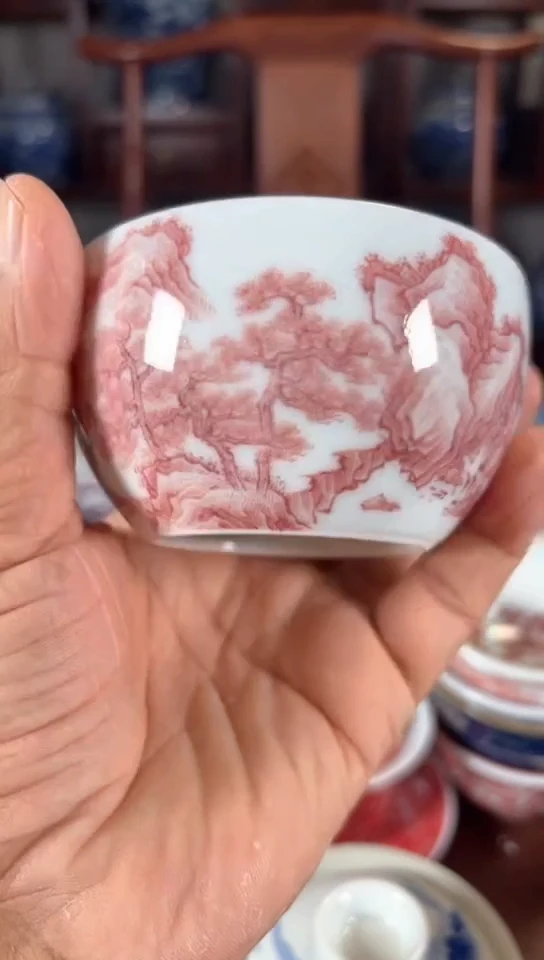 柴窑釉里红山水卧足杯杯