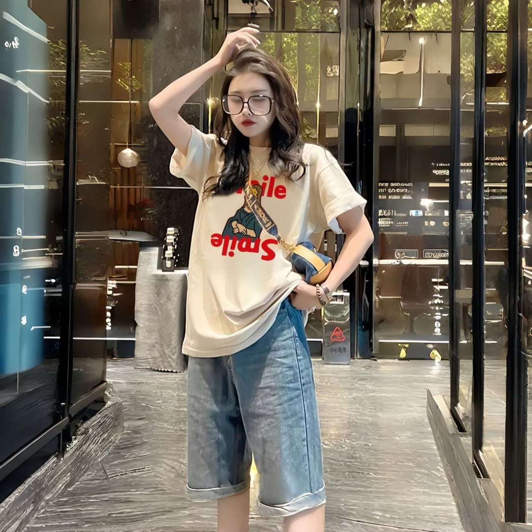 欧货薄款高端爆款夏纯棉女装透气印花短袖T恤上衣圆领减龄打底衫