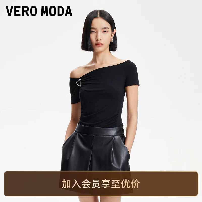 Vero ModaT恤女2025新款胸针装饰褶皱收腰纯色洋气小众衣服知性风