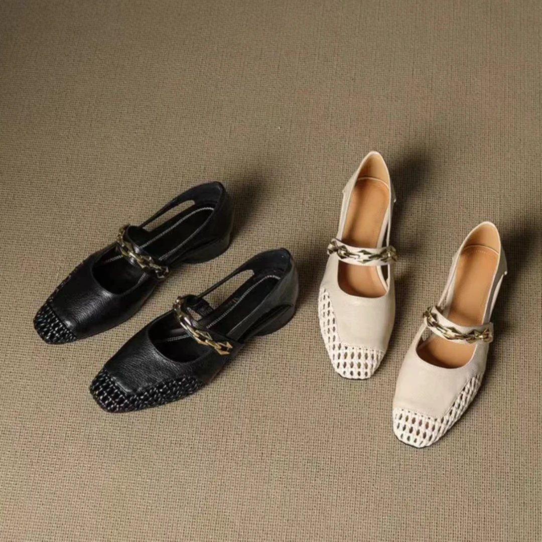 2025年法式夏季镂空单鞋透气粗跟编织舒适不累脚简约设计感