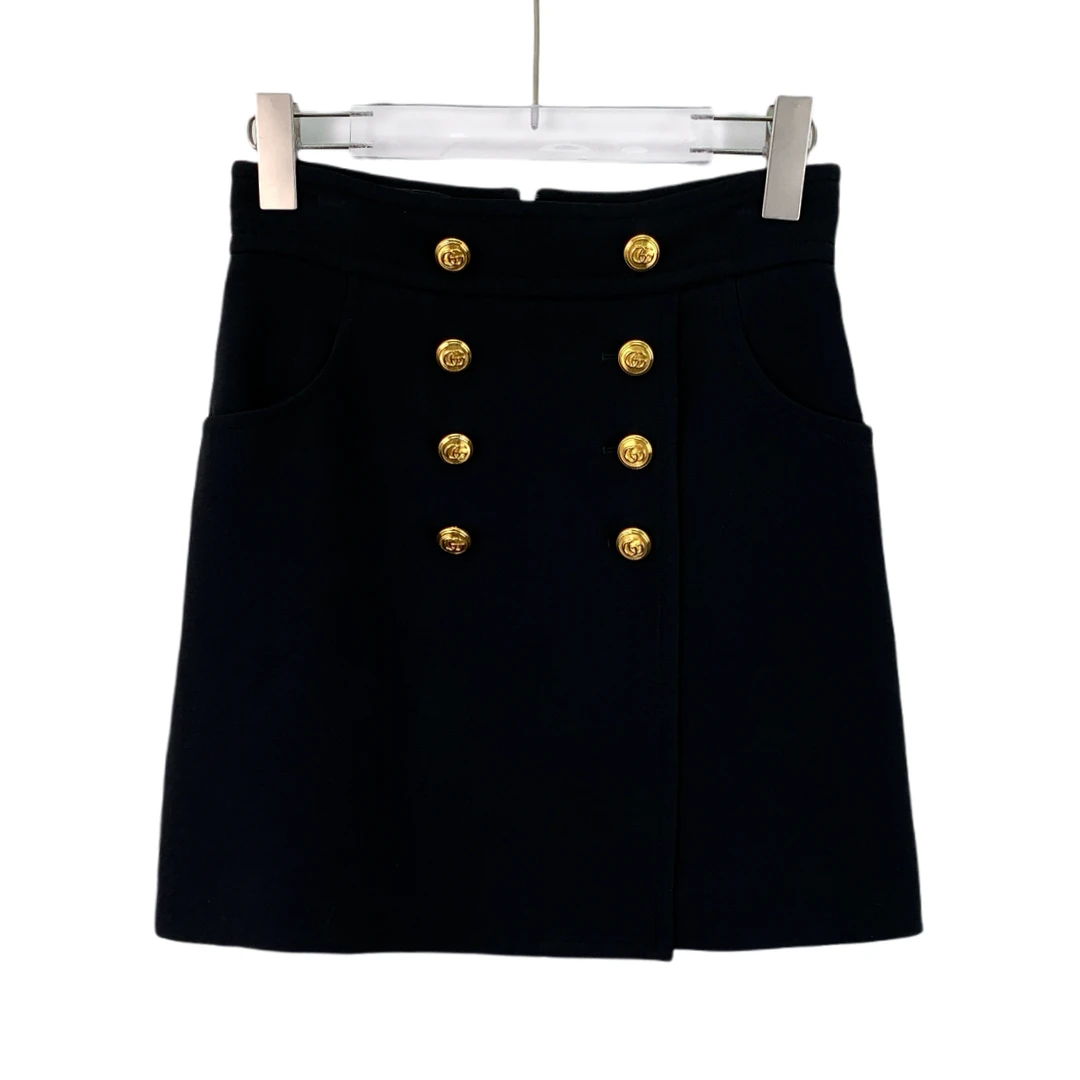 99新 GUCCI/古驰 CW0756 黑色双排金扣真丝休闲短裙 38 S码