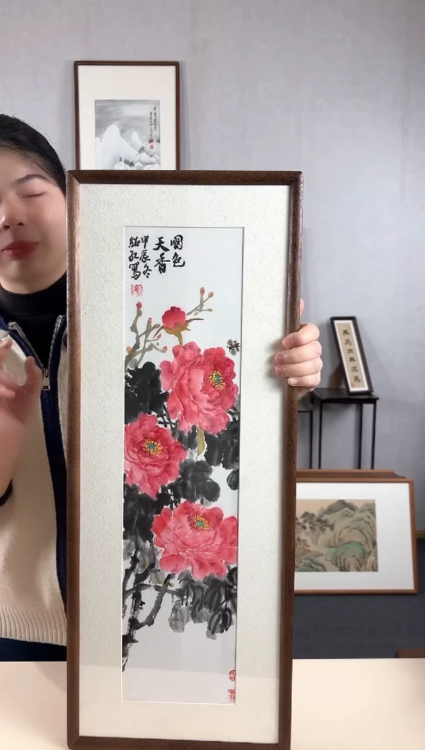 【闪购商品】国画手绘*牡丹*28*72cm实木框