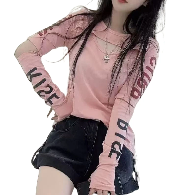 可可儿家新款性感露肩长袖个性字母印花女修身显瘦内搭25008