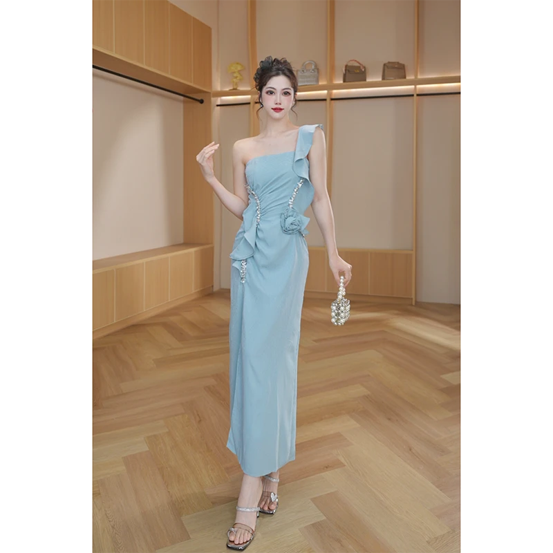 【琼仪高定】设计感礼服气质时尚性感法式小众收腰开叉连衣裙15119