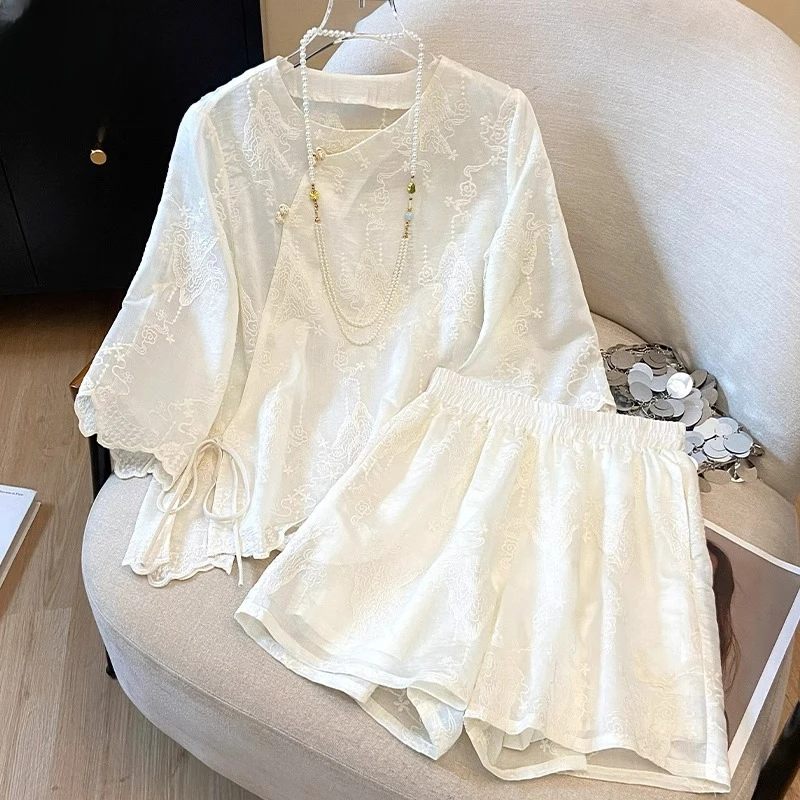 新中式国风一整套装女2025新款夏装高级感气质短袖上衣短裤两件套