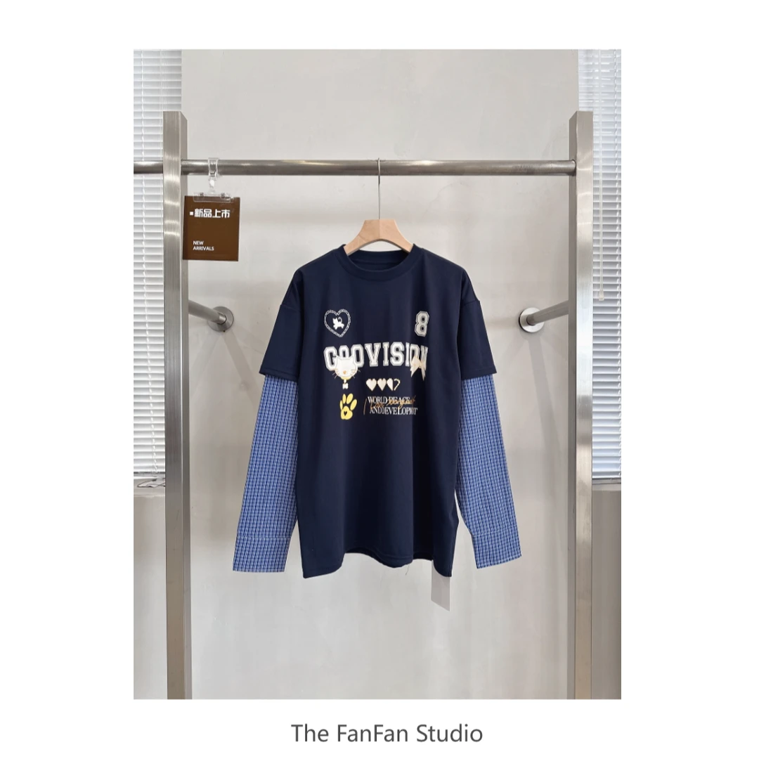 拼色格纹袖假两件Ｔ恤