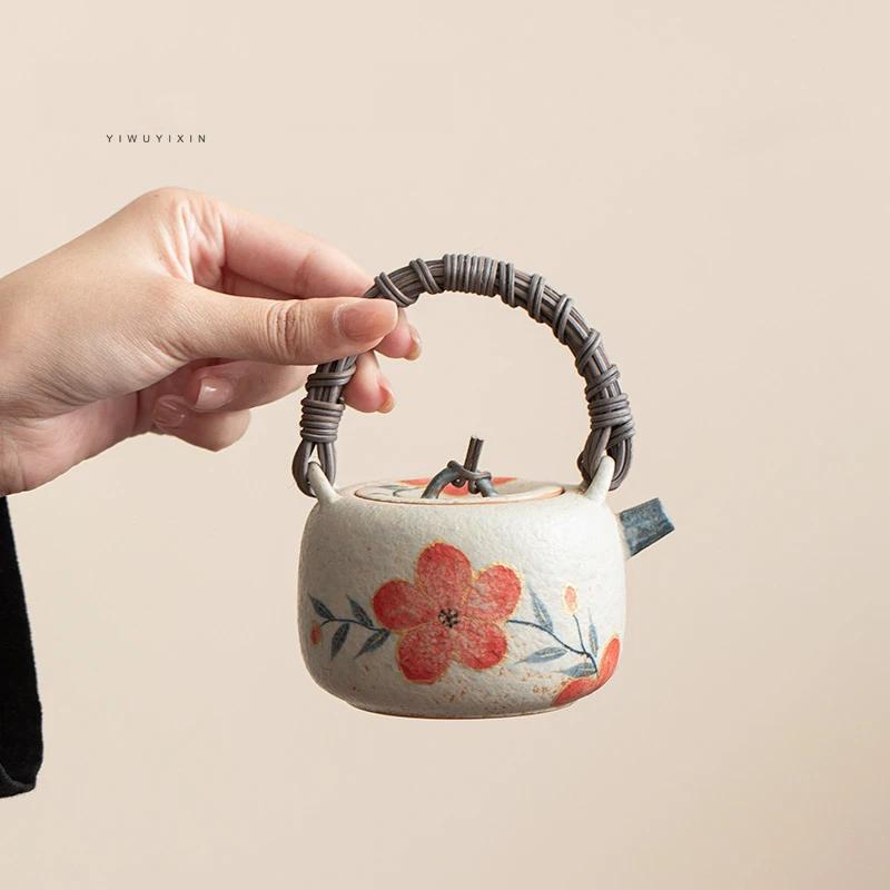 宜物宜心手绘桃花藤编提梁壶陶瓷茶壶泡茶家用单壶一人用功夫茶具