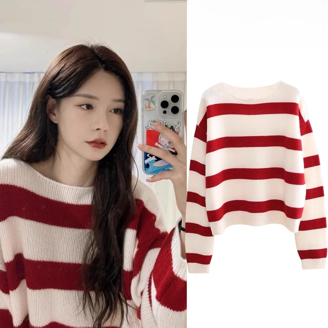 法芬图明星沈梦辰同款红白条纹针织衫宽松撞色一字肩套头松弛毛衣