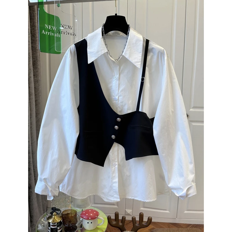 欧洲站假两件拼接背心吊带白衬衫女上衣时尚宽松舒适早春新款2025