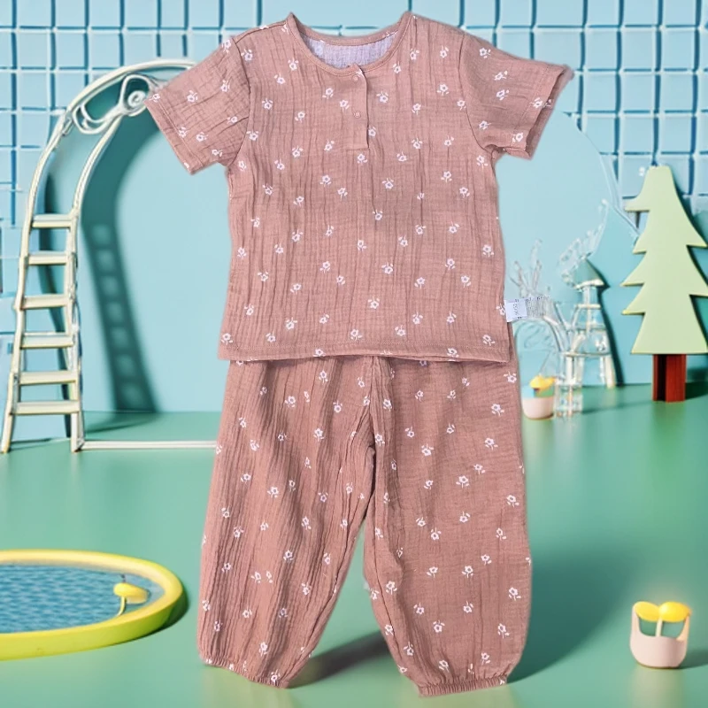 外贸德版绉布男女童婴童分体短袖长裤空调服套装剪标特价款夏季