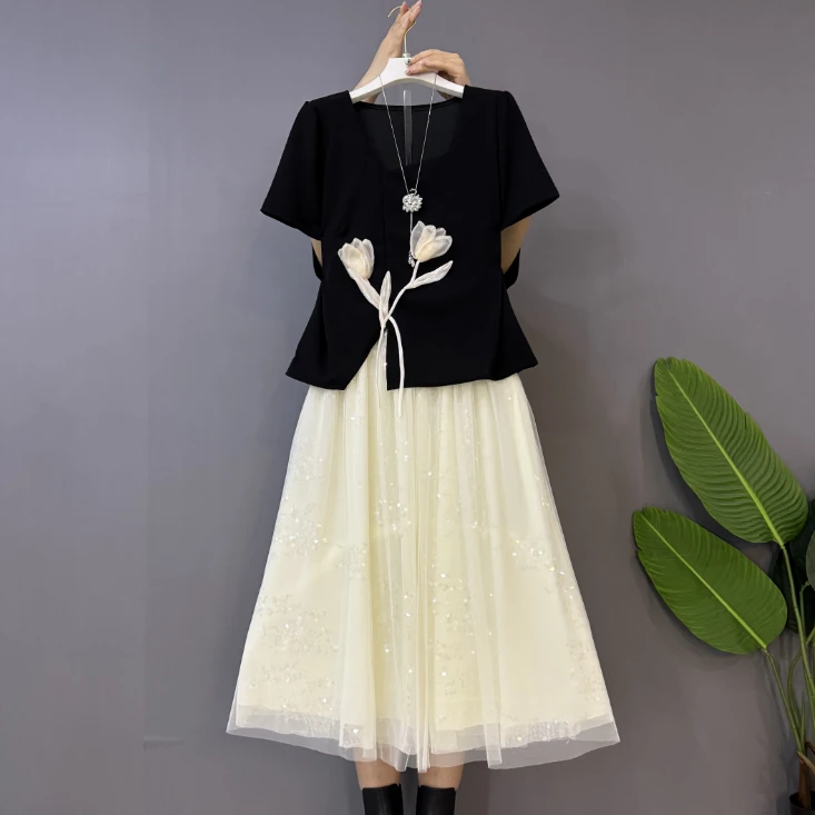 新款大码女装时尚洋气立体花朵开叉上衣十半身裙两件套套装