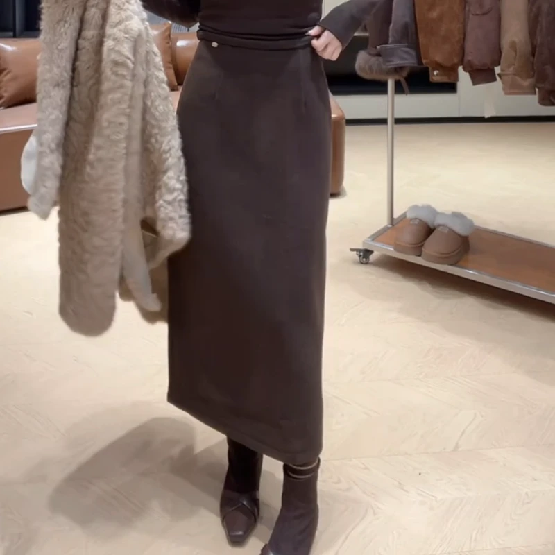 冬季简约高腰后开叉直筒裙半身裙气质显瘦百搭LK2508740