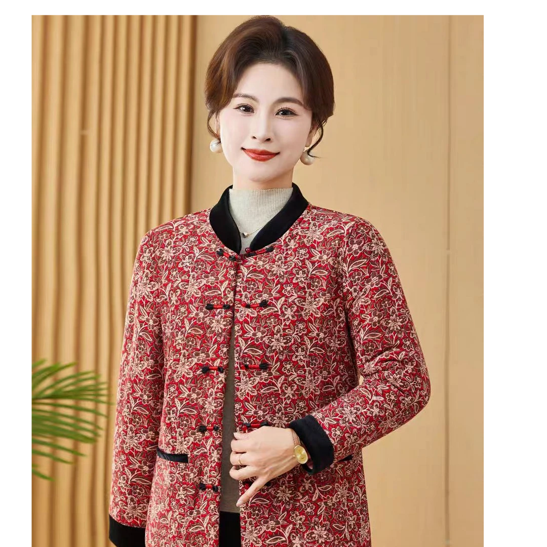中老年碎花妈妈装女士加厚加后背贴片国风花袄气质短款中国风